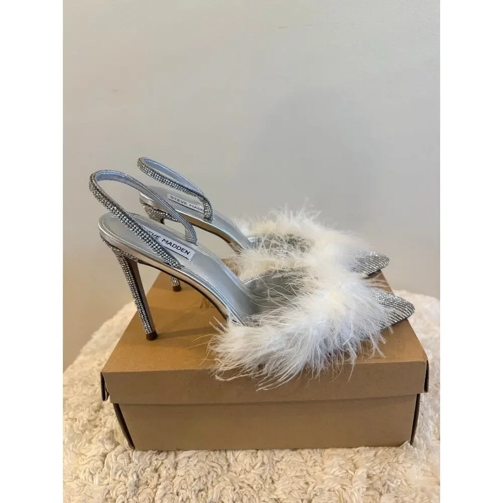 Steve Madden Silver Rhinestone Slingback Pumps with White Feather Trim Size 11 - Picture 3 of 9